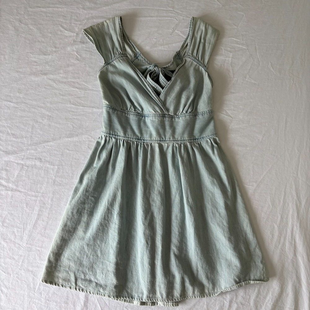 Express Womens Faded Blue Denim Sleeveless Tie Back Fit & Flare Mini Dress Sz 4